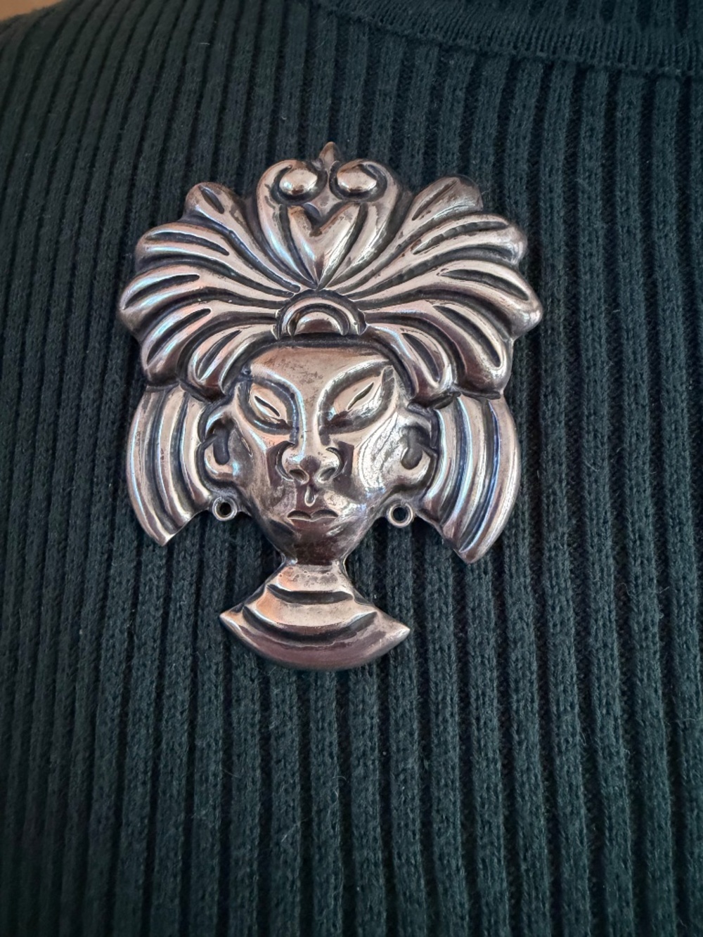 Vintage Mexican Sterling Silver Tribal Mask with Headdress Brooch